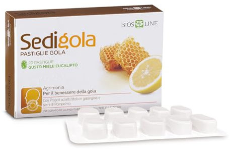 BIOS LINE Sedigola 20 Pastiglie Gusto Miele e Eucalipto, Integratore Alimentare per il Benessere della Gola, con Propoli ad Alto Titolo in Galangina e Semi di Pompelmo