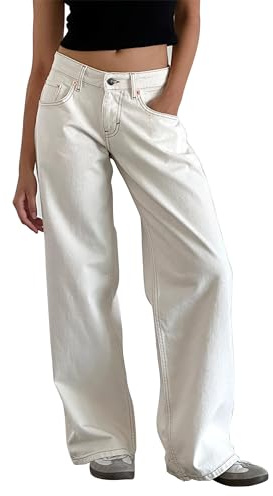Vaqueros Rectos para Mujer Y2k de Tiro bajo, Holgados, Estilo Boyfriend, elásticos, Color Blanco, Talla pequeña