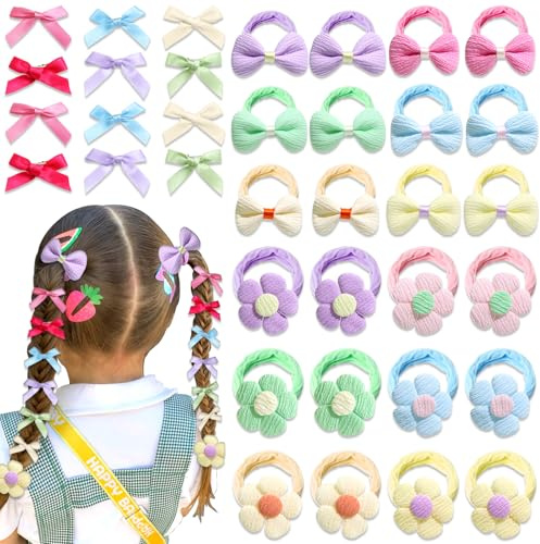AOREAS 48 Pcs Toddler Hair Ties for Girls, Baby Hair Bows Cute Flower Hair Ties Colorful Elastics Scrunchies,Bow Hair Clips Y2K Snap Hair clips,Seamless Ponytail Holders, Little Girls Hair Accessories