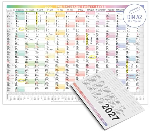 TOBJA® A2 Wandkalender 2027 EU Querformat – 14 Monate Übersicht | Bunter Jahreskalender Wand A2 mit großen Feldern | Kalender 2027 Wandkalender für Büro & Homeoffice