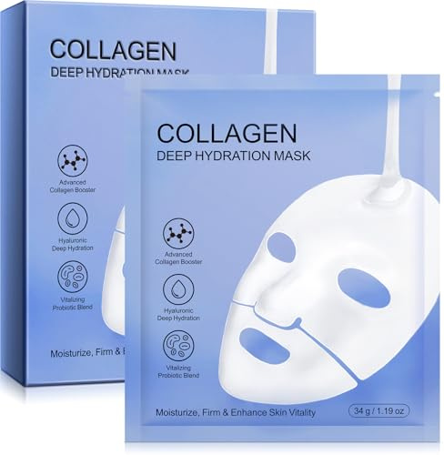 Collagen Face Mask, 6pcs Collagen Sheet Mask, Deep Moisturizing & Hydrating Skin Overnight, Reduce Fine Lines & Wrinkles for All Skin Types, Holiday Essentials, Korean Face Mask for Glass Skin
