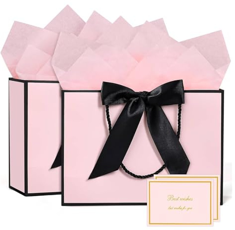 MtnLaur Geschenktüten 2 Stück, Geschenktüten mit Griffen Schleifenband, Mittlere Papier-Geschenktüte Set mit Seidenpapier+Grußkarte, für Mädchen Frauen Geburtstag Hochzeit Baby shower (Rosa)