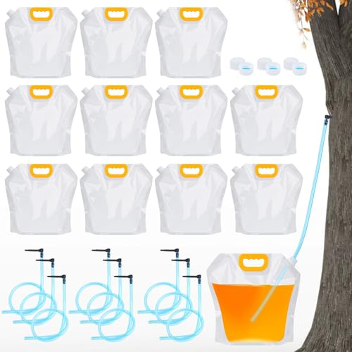 12 Set Maple Syrup Tapping Kit Include 12 Maple Tree Taps Spiles, 12pcs Food Grade Tubings(2 Ft), 12pcs Bags(5L) with 24pcs Dust-proof Lids, Birch Walnut Maple Syrup Collection Set for Experts or Beginners