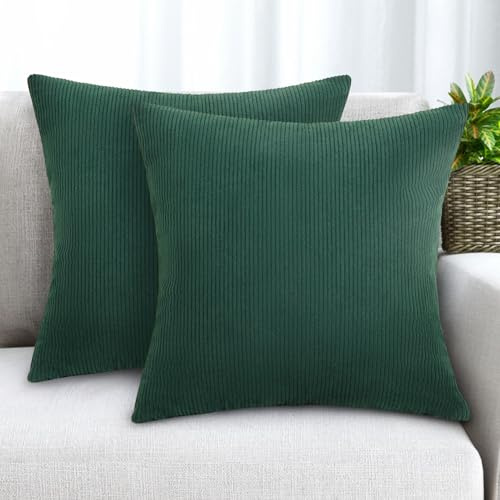 KENOBE Fundas para Almohadones, 2 Piezas 45x45 cm Funda de Cojines de Corduroy Súper Suave Cojin de Pana a Rayas para Cojin Sofa Cama Salon de Estar Dormitorio Sillas Jardin Habitación, Verde Oscuro