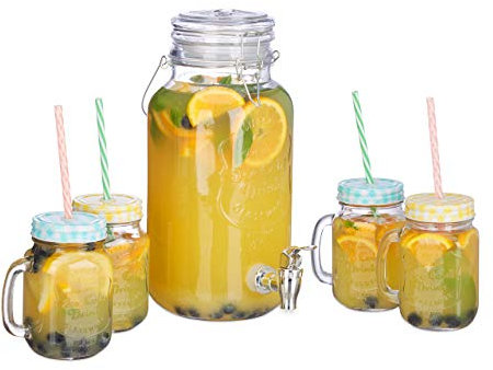 Relaxdays Dispenser per Bevande in Set con 4 Bicchieri, 4 l, in Vetro, con Rubinetto, Vintage, con Cannucce, Trasparenti, Ferro