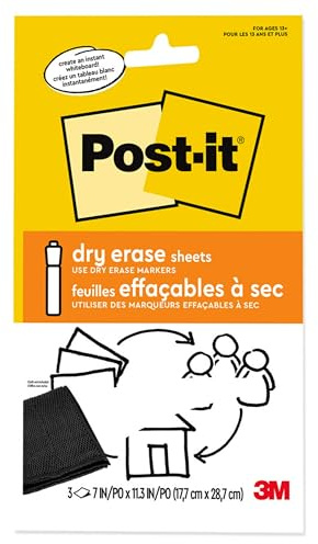 Post-it Dry Erase Sheets, 7 in x 11.3 in, 3 Sheets, Sticks Securely and Removes Cleanly (DEFSHEETS-3PK)