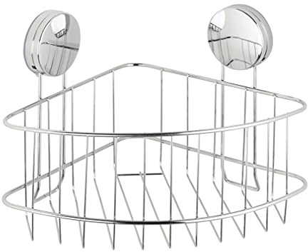 WENKO Static-Loc Plus Eckablage Groß Osimo, Badezimmerregal, Befestigen ohne Bohren, sicherer Halt durch statische Haftung auf glatten, luftundurchlässigen Flächen, 26,5 x 18 x 19 cm, Stahl verchromt