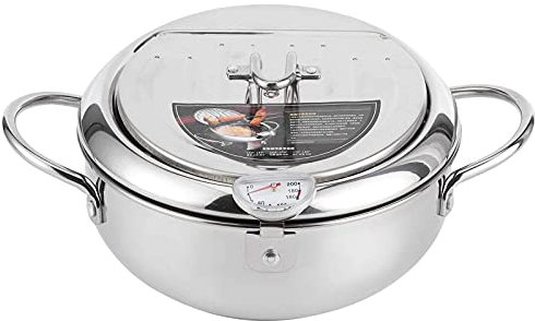 Mini olla para freír de acero inoxidable de estilo japonés, olla para freidora, cocina, pescado, camarones, mini sartén profunda, freidora sin recubrimiento con termómetro, escurridor(S 20cm)