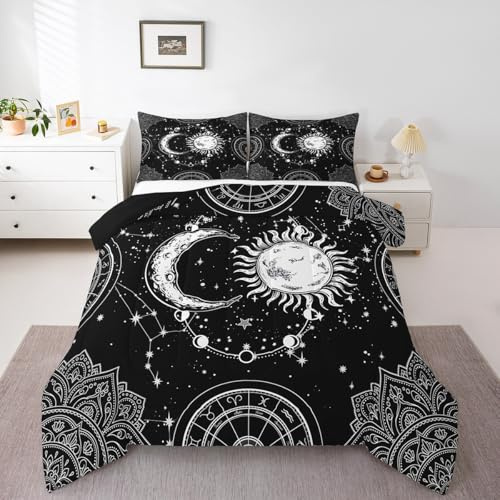 Sun and Moon Bedding Set Constellation Galaxy Comforter for Kids Boys Girls Teens Psychedelic Boho Mandala Comforter Breathable Celestial Duvet Set Black White Room Decor Quilt Cover Full Size