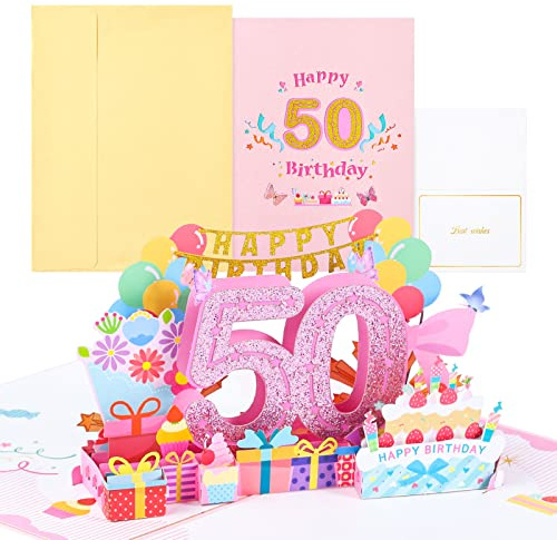 joyoldelf Tarjeta Cumpleaños Mujer 50 Años - 3D Tarjeta Felicitacion, Regalo de Cumpleaños Originales, Birthday Card Pop Up, Ideal Para Amigo Familia Mamá Hermana Esposa Hija Colega Novia Fiesta
