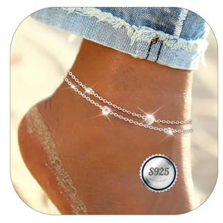 Lwkeay Fußkettchen für Damen - Fussketten für Frauen - 925 Sterling Silber Damen Doppelketten - Fußkette damen Verstellbare 22+5cm - Geschenke für Frauen (silber)