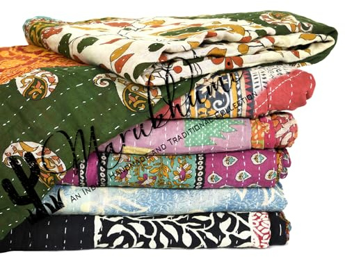 Marubhumi Vintage Kantha Quilt – Handmade Reversible Cotton Throw Blanket with Assorted Patchwork | Boho-Style Decorative Bedding for Sofa, Couch, Bed & Picnic | 1 Pc