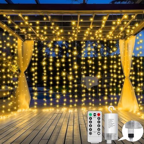 GCMacau Curtain Fairy Lights, Outdoor Curtain Lights with 8 Modes Remote Control, 3M×3M 300 LEDs String Light Indoor Outdoor for Bedroom Wall Garden Christmas Wedding Party Decor (Warm White)