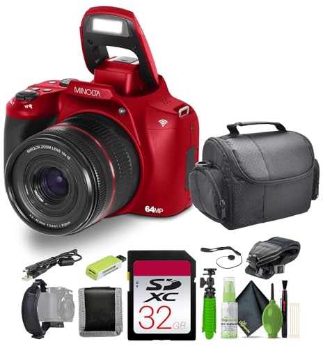 Minolta 64 Mega Pixels Auto Focus Digital Camera with 10x Optical Zoom, 4K Ultra HD Video and Macro Shooting, Bundle with 32 GB Memory Card + Vlogging Tripod + Cleaning kit + More Accessories - Red