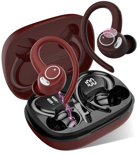 Jesebang Auriculares Inalámbricos Deportivos, Auriculares Bluetooth 5.3 con HD Micrófono, Sonido Premium, 40H de Reproducción, Pantalla LED, Cómodos de Llevar, Cascos Inalambricos con Gancho, Rojo
