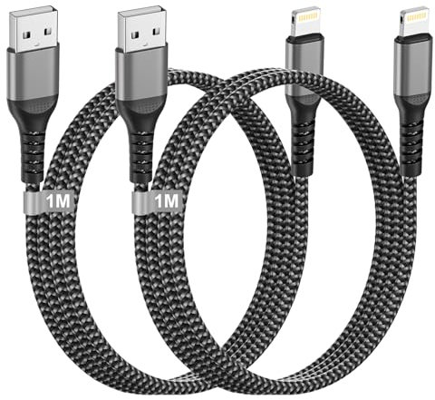 Cable Cargador iPhone 1M 2Pack[MFi Certificado], USB Cable iPhone Carga Rápida Nylon Trenzado Cable Lightning USB Cable Cargador iPad para iPhone 14 13 12 11 Pro Max XS XR X 8 7 6S 5,iPad