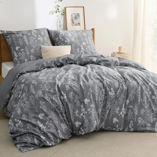 BEDSURE Bettwäsche 200x200 Baumwolle Grau - Bettwäsche-Sets 200 x 200 cm Bettbezug 3teilig mit 2 Kissenbezüge 80x80 cm, ÖKO-TEX Wendebettwäsche Bedding Pflanzen Blumen Muster mit Reißverschluss