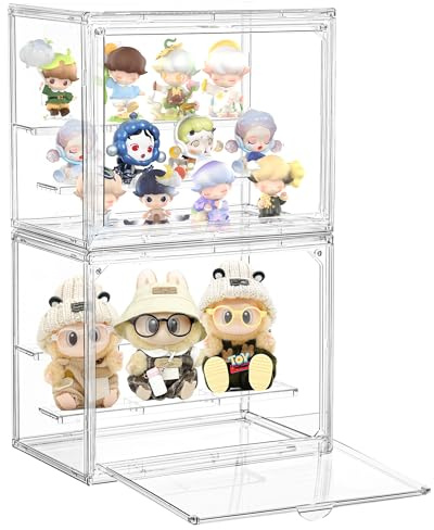 Acrylic Display Case,3 Layer Clear Display Case Adjustable Display Box Stand with 2 Movable Dividers 2 Pack Small Showcase Magnetic Door for Collections Mini Figures