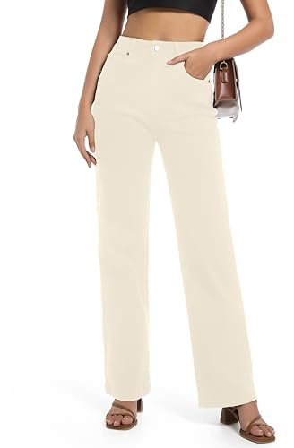 Guaile Women's Jeans High Waisted Straight Leg Stretchy Jeans Trendy Wide Leg Tummy Control Loose Casual Denim Pants, Beige, 12