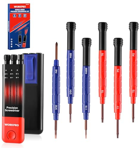 WORKPRO Set 6 Cacciaviti di Precisione con 12 Punte a Doppia Faccia, a Croce/Taglio/Pentalobe/Torx, Mini Cacciaviti Ideali per Orologi, Occhiali, PC e Smartphone