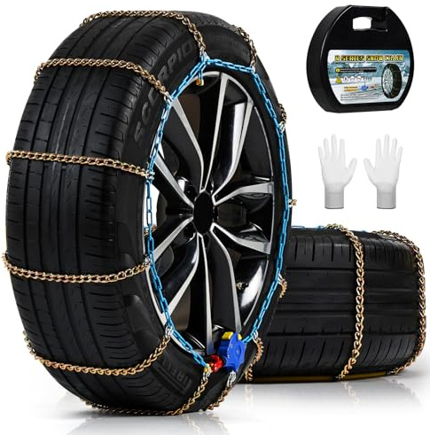Auto Tightening Snow Chains for Cars, SUVs & Pickup Trucks – 1-Min Quick-Fit Auto Installation, Reusable Universal Emergency Traction Tire Chains – Set of 2（ALN80）