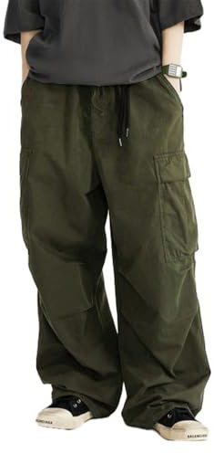 THWEI Mens Baggy Cargo Pants Casual Parachute Cargo Pants Elastic Waist Streetwear Multi Pockets Army Green L