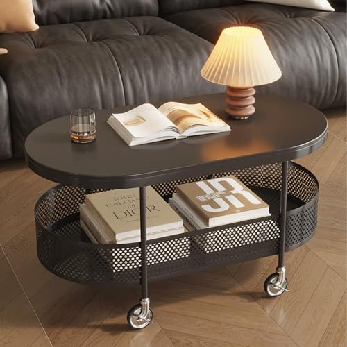 Minimalistiskt soffbord med stenplatta topp och öppen förvaring metallram på svängbara hjul perfekt för vardagsrum eller kontor (svart 90 cm/35,4 tum)