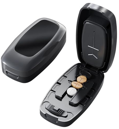 Dzmuero Cortador de Pastillas, Partidor de Pastillas, Ajustable, Compacto y Portátil, 1 dividido en 2/3/4, Cortador de Medicamentos Multifuncional, Caja de Medicamentos (Negro)