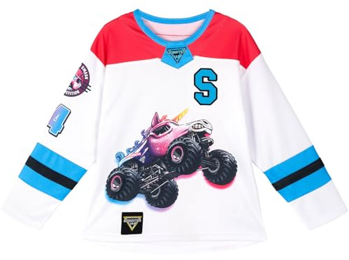 Monster Jam Sparkle Smash Little Girls Mesh Hockey Jersey Long Sleeve T-Shirt White/Magenta 7-8