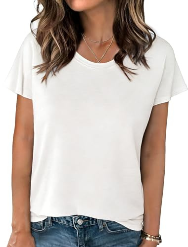 Crewhpo Camisetas de Verano para Mujer Cuello Redondo Manga Corta Basica Blusas Color Sólido Elegante Casual Túnica Top tee Shirts Talla Regular