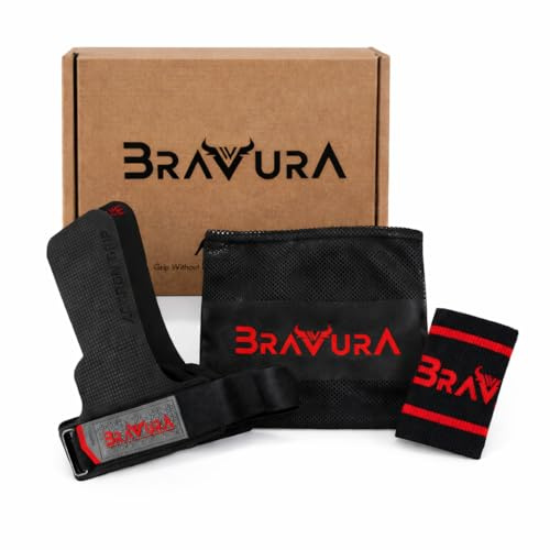 BRAVURA ACERON Grip Calleras Sin Magnesio – Grips de Máximo Agarre para Dominadas, Muscle Ups y Cross Training – Agarres Profesionales para Barras Lisas (Negro/Rojo)