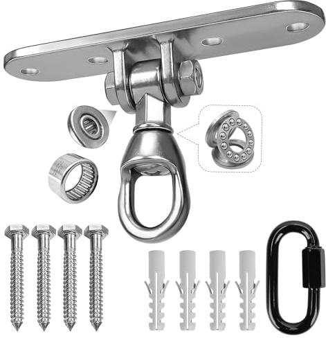 Gancio a dondolo in acciaio inox con cuscinetto, girevole a 360° + 180°, carico pesante fino a 362 kg, con moschettone, supporto da soffitto per travi in legno e soffitti in cemento, per amaca sacco