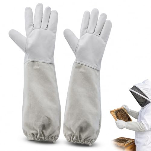 KinetiCore Beekeeping Gloves, Goatskin Leather Protective Beekeeper Gloves with Vented Long Canvas Sleeves, Elastic Cuffs for Sting Protection, Size L