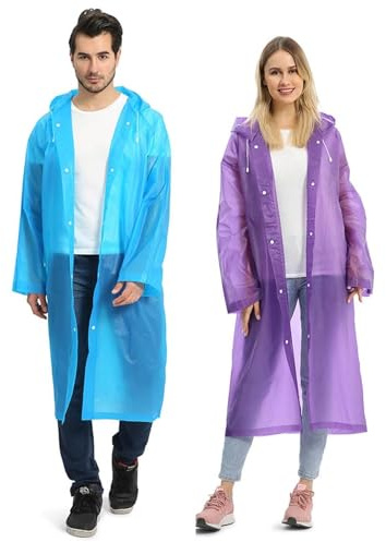Opret 2 Pack Portable EVA Raincoats for Adults, Reusable Rain Ponchos with Hoods and Sleeves Lightweight Raincoats, Perfect for Outdoor Activities, Blue&Purple