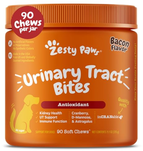 Zesty Paws Cranberry Supplement for Dogs - Bladder Control for Dogs - Urinary Tract Support - Cranberry Chews with D-Mannose, Vitamin B6 & L-Arginine - Immune & Gut Support - Bacon - 90 Count