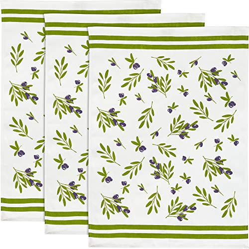 Erwin Müller Geschirrtuch, Küchentuch, Trockentuch im 3er-Pack mit Druckmotiv Oliven Größe 50x70 cm - strapazierfähig, saugstark, 100% Baumwolle