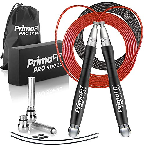 PrimaFIT Springseil Erwachsene Fitness Pro Speed Jump Rope 3m Seilspringen Verstellbar Mit Gewichten, 2 Kugellager & Anti-Rutsch Griffe, Profi Skipping Für Boxen, MMA, Crossfit, Extra Stahlseil,Tasche