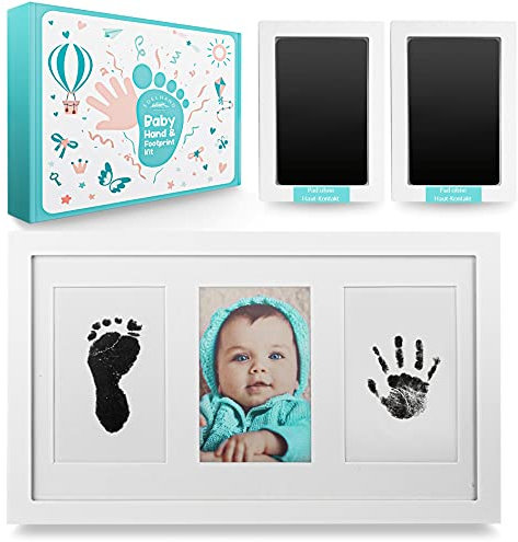 EDELHAND© Handabdruck und Fußabdruck Set Mit 2 Großen Stempelkissen - Ohne Direkte Haut Berührung - Baby Hand u. Fuß Tinten-Abdruck Als Hochwertiger Bilderrahmen - Geschenk Abdruckset