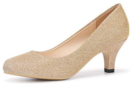 Phorecys Women's Kitten Heels Round Toe Dress Court Shoes Work Comfort Glittermps Glitter Gold US 8-UK 5.5