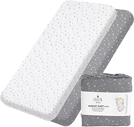 Spannbettlaken 90X55 Bio-Baumwolle, GOTS 2 Stück, kompatibel mit Next2me, Snuzpod und Allen Nachtbetten, Stubenwagen bis 90 x 55 cm, 2 Stück (Sterne – ohne Schutz)