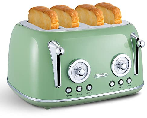 Wiltal Toaster 4 Scheiben, Toaster Langschlitz, Edelstahl Gehäuse, mit Integrierten Brötchenaufsatz, Mit Deckel, Bräunungsgrad 1-6, Abtauen Funktion, Krümelschublade, Retro Toaster, Grün