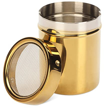 Stainless Steel Dredge Shaker, Powder Sugar Dispenser Fine Mesh Powder Sugar Shaker with Lid Gold Salt and Pepper Shakers for Kitchen Powdered Sugar Shaker