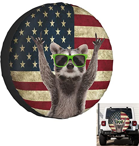Cute Raccoon Spare Tire Cover Wheel Covers for RV Tires Camper American Flag Tire Cover Protectors for Trailer Rv SUV Truck Travel Trailer 15