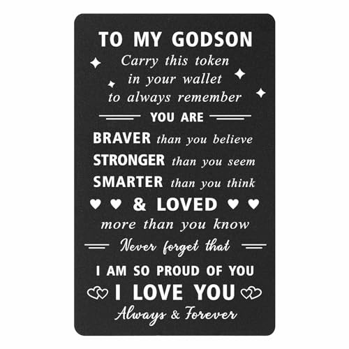 ENGZHI Godson Christmas Card - I Am So Proud of You Gifts for Boys - Godson Baptism Card, Love You Confirmation Gifts from Godmother, Metal Engraved Wallet Cards