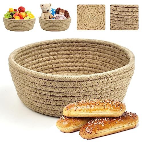 Kleemeiero Brötchenkorb Brotkorb Geflochten Aufbewahrungskorb Geflochten Baumwollseil Brotkörbchen Klein Brötchen Korb Deko Runde 22cm Ø Brotschale Frühstück Flechtkorb zum Servieren von Gebäck