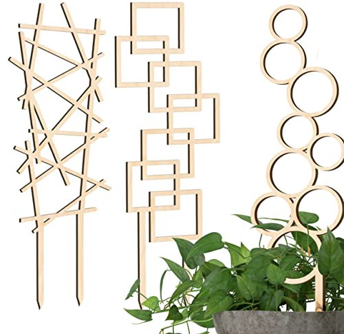 Decorify Soporte de Plantas de Interior, 3 Unidades, Enrejado de Madera, Soporte para Plantas de 6 mm, para Plantas trepadoras, 44/40,5/39 cm, Zigzag/Frame/Bubble, Color Natural