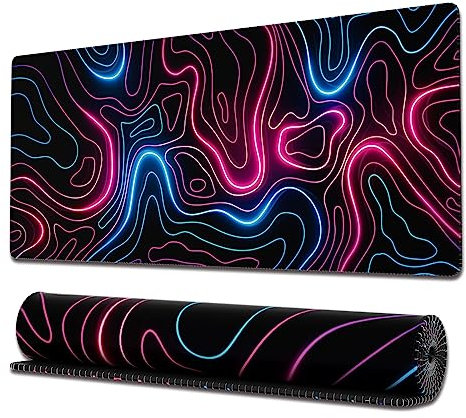 Ovenbird Gaming Mouse Pad with Stitched Edges, Topographic Map Pink Mouse Pad, Extended XL Mousepad with Anti-Slip Base, Cool Neon Large Mouse Pad for Desk, 31.5 x 11.8 in, Pink and Blue