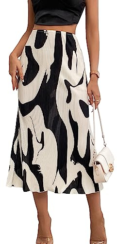 GORGLITTER Women's High Waist Pleated Graphic Bodycon Pencil Midi Skirt Elegant Long Skirts Black and Beige S