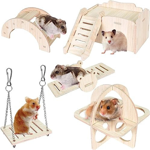 Cozlly 5 Stück Hamster Spielzeug aus Holz, Hamster Versteck Haus, Hamster Wippe, Brücke, Schaukel und Trainingspielzeug, Spielzeug zubehör für Hamster Rennmäuse Ratten Streifenhörnchen Chinchilla