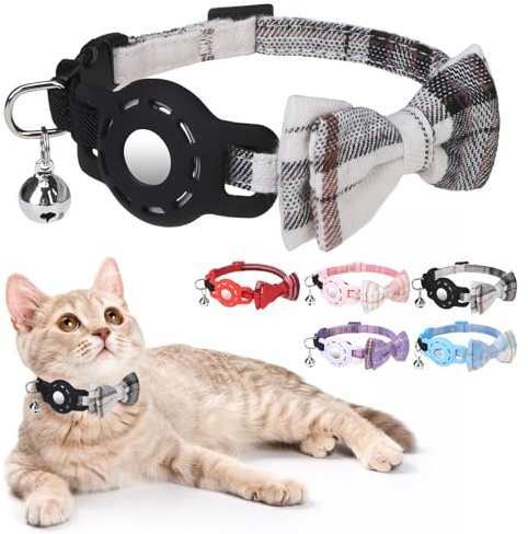DILLYBUD Airtag Cat Collar with Bells and Bowtie -Safety Elastic Band Kitten Collar for Apple Air Tag Holder- Cute GPS Cat Tracker Collars for Girl Boy Cats and Puppies, Adjustable 8-12 Beige